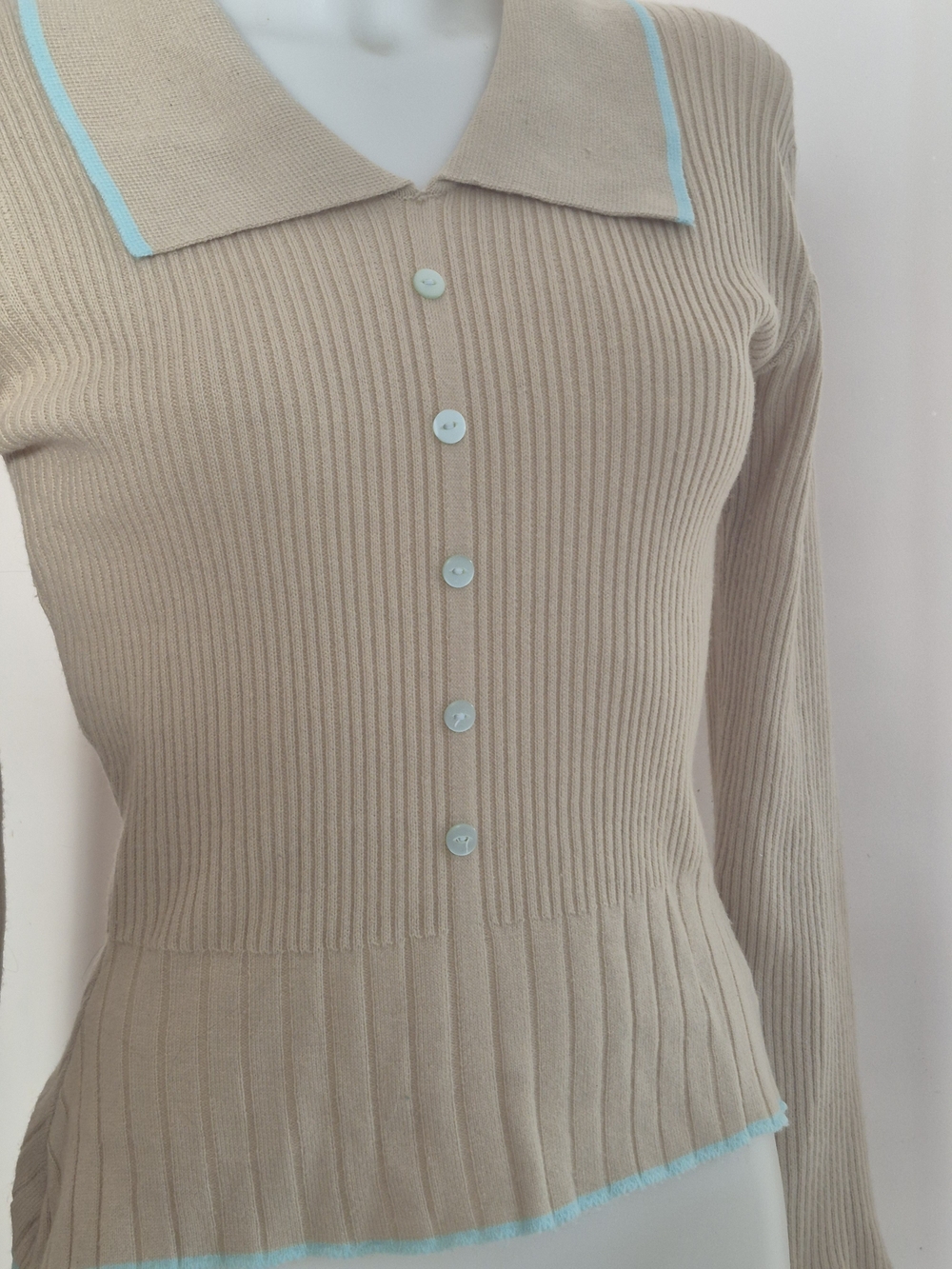 Vintage 70s Beige Ribbed Button-Up Polo Top with Light Blue Trim